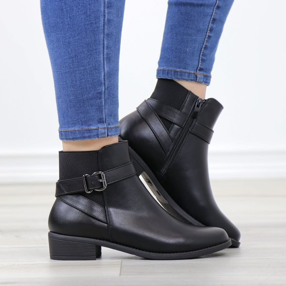 Shoes - Black Synthetic Leather Chelsea Round Toe Low Heel Ankle Boots